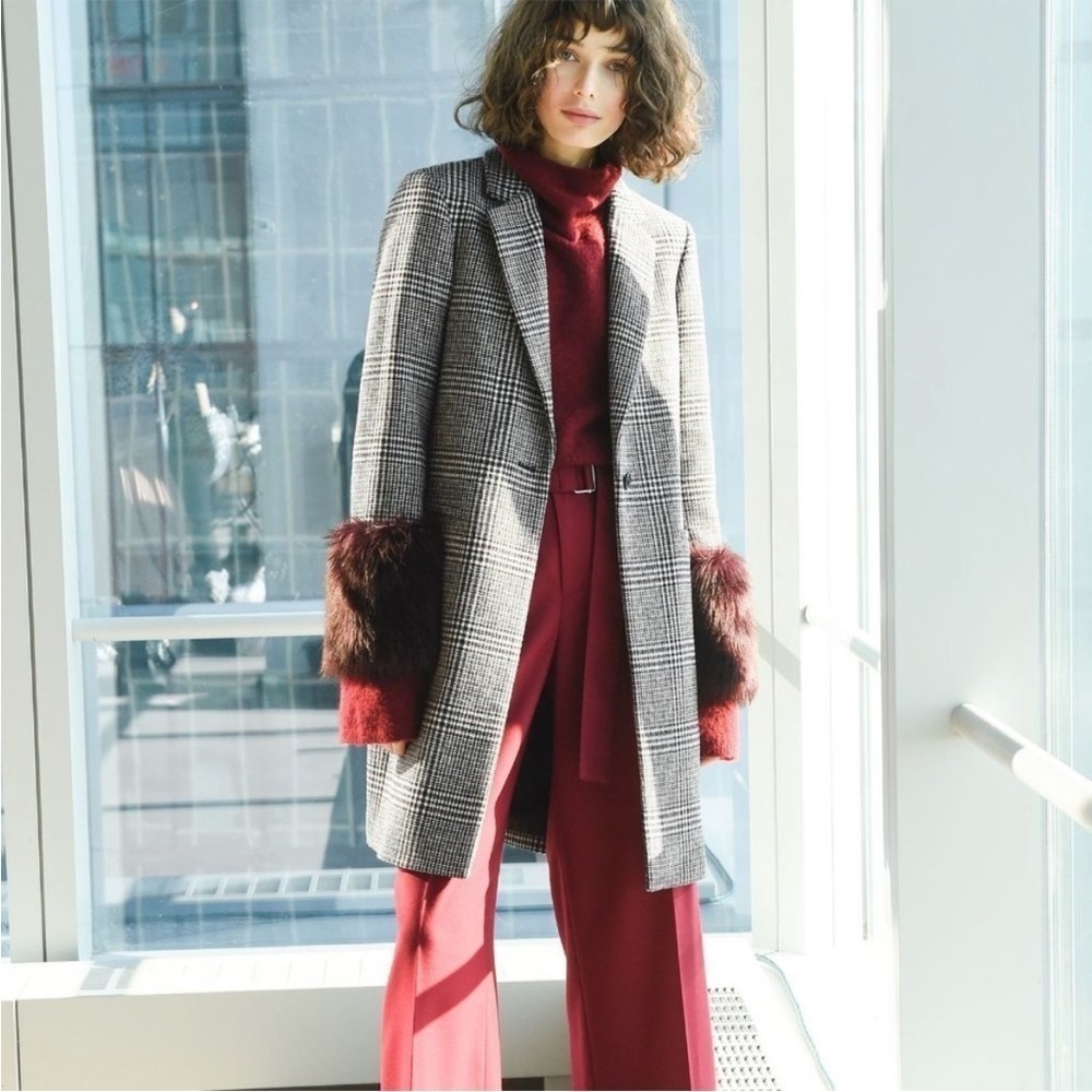 Club Monaco Wool Plaid Starella Coat Faux Fur Sleeve Trim M - Picture 2 of 12